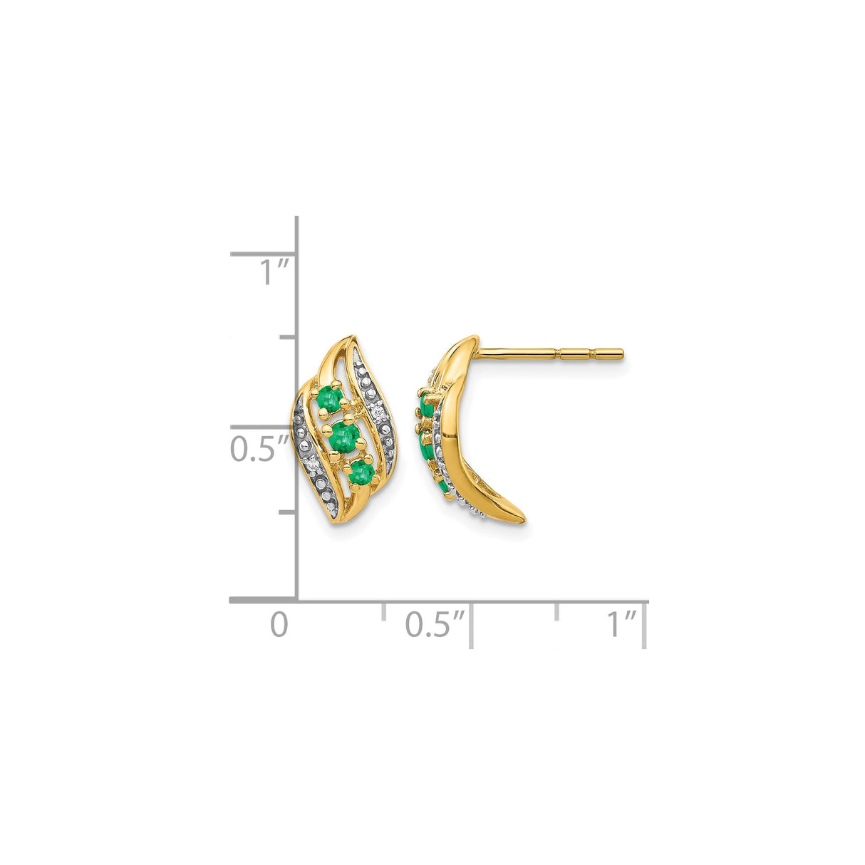 14k Yellow Gold Stud Earrings with Emeralds and Diamond Accents in Wave Design