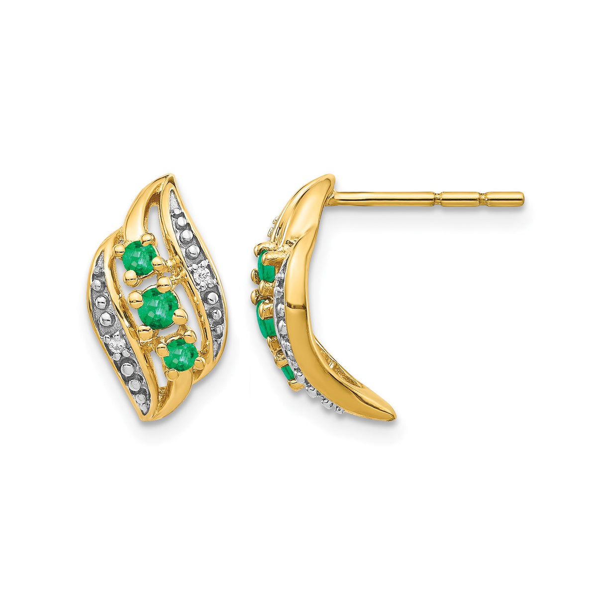 14k Yellow Gold Stud Earrings with Emeralds and Diamond Accents in Wave Design