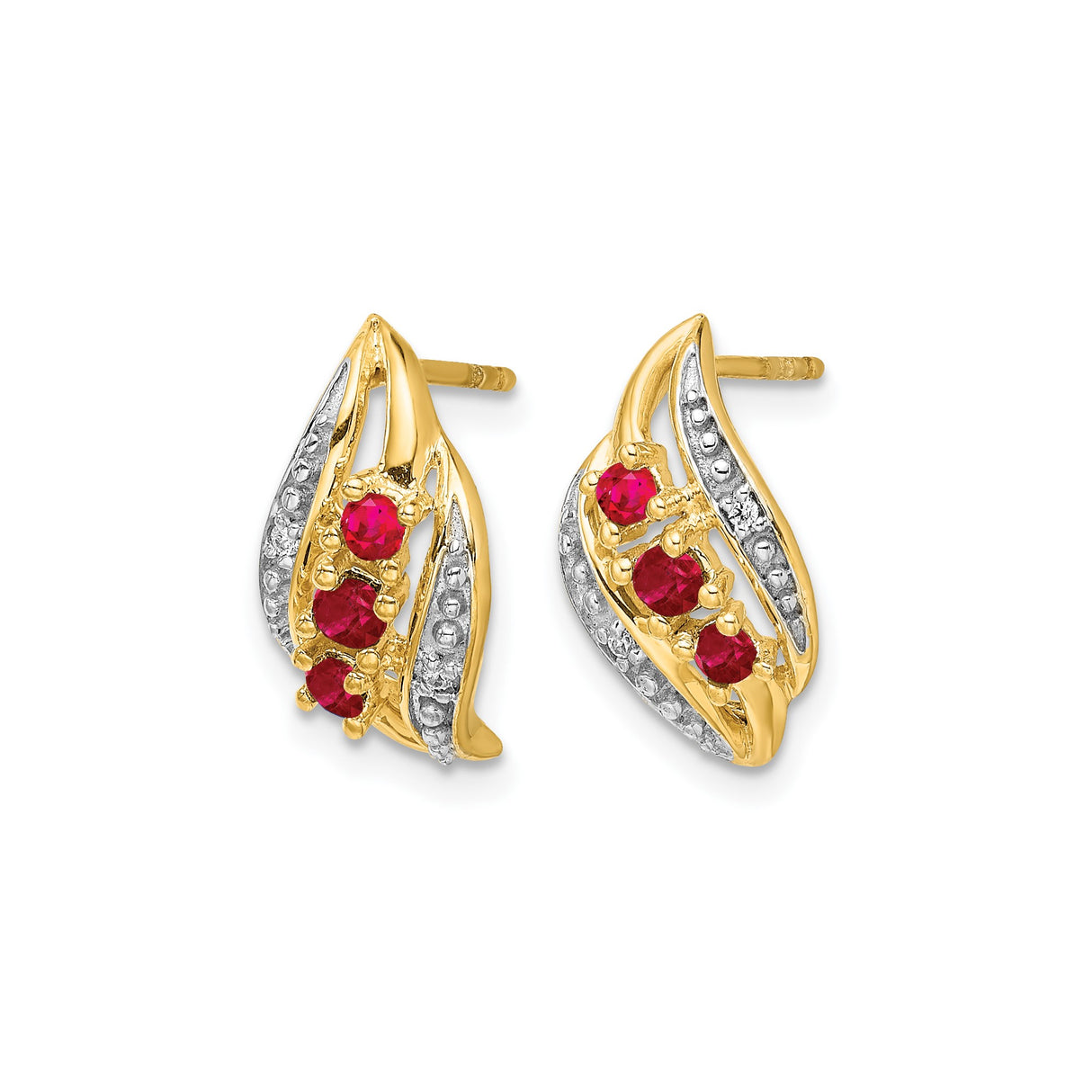 14k Yellow Gold Curved Stud Earrings with Ruby and Diamond Accents, Three-Stone Design