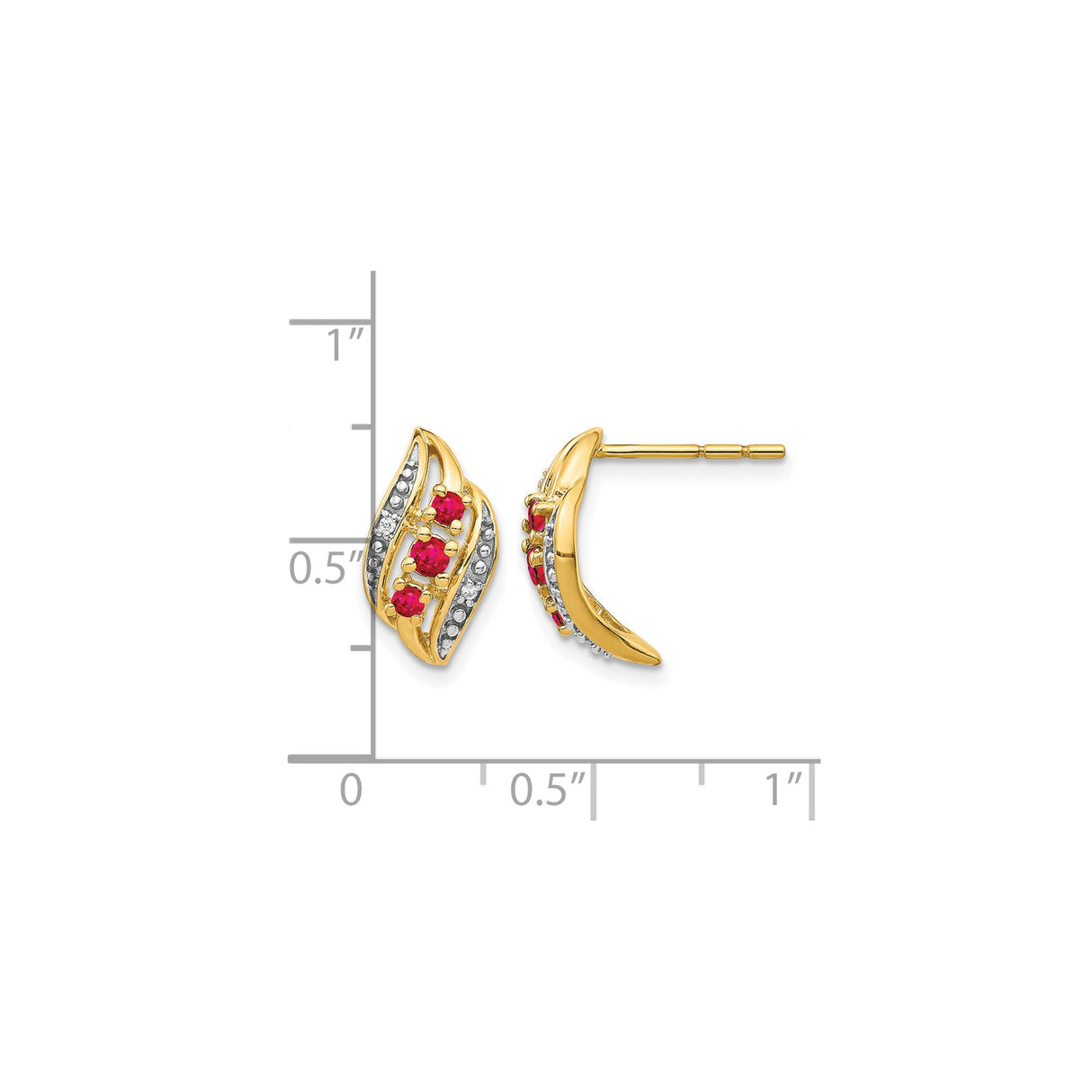 14k Yellow Gold Curved Stud Earrings with Ruby and Diamond Accents, Three-Stone Design