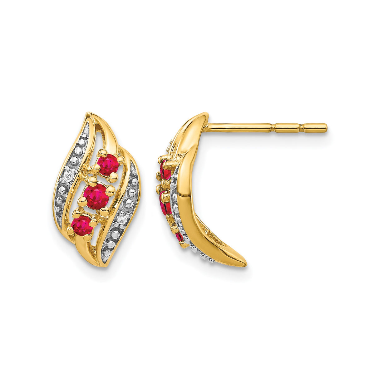 14k Yellow Gold Curved Stud Earrings with Ruby and Diamond Accents, Three-Stone Design