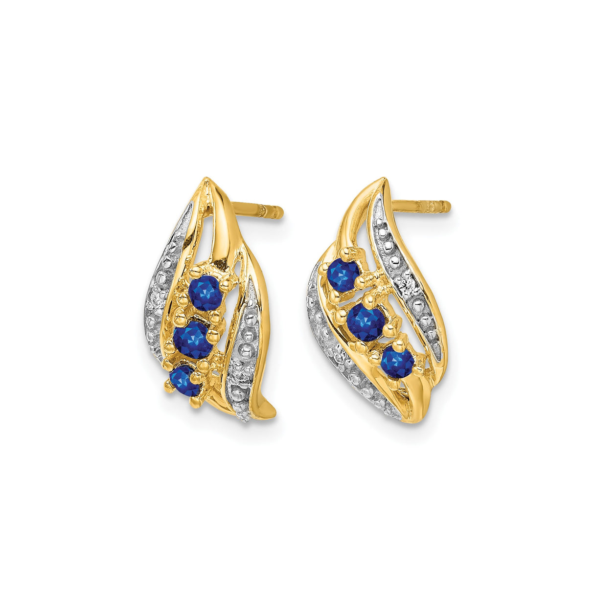 14k Yellow Gold Earrings with Blue Sapphires, Curved Wave Design Studs for Women