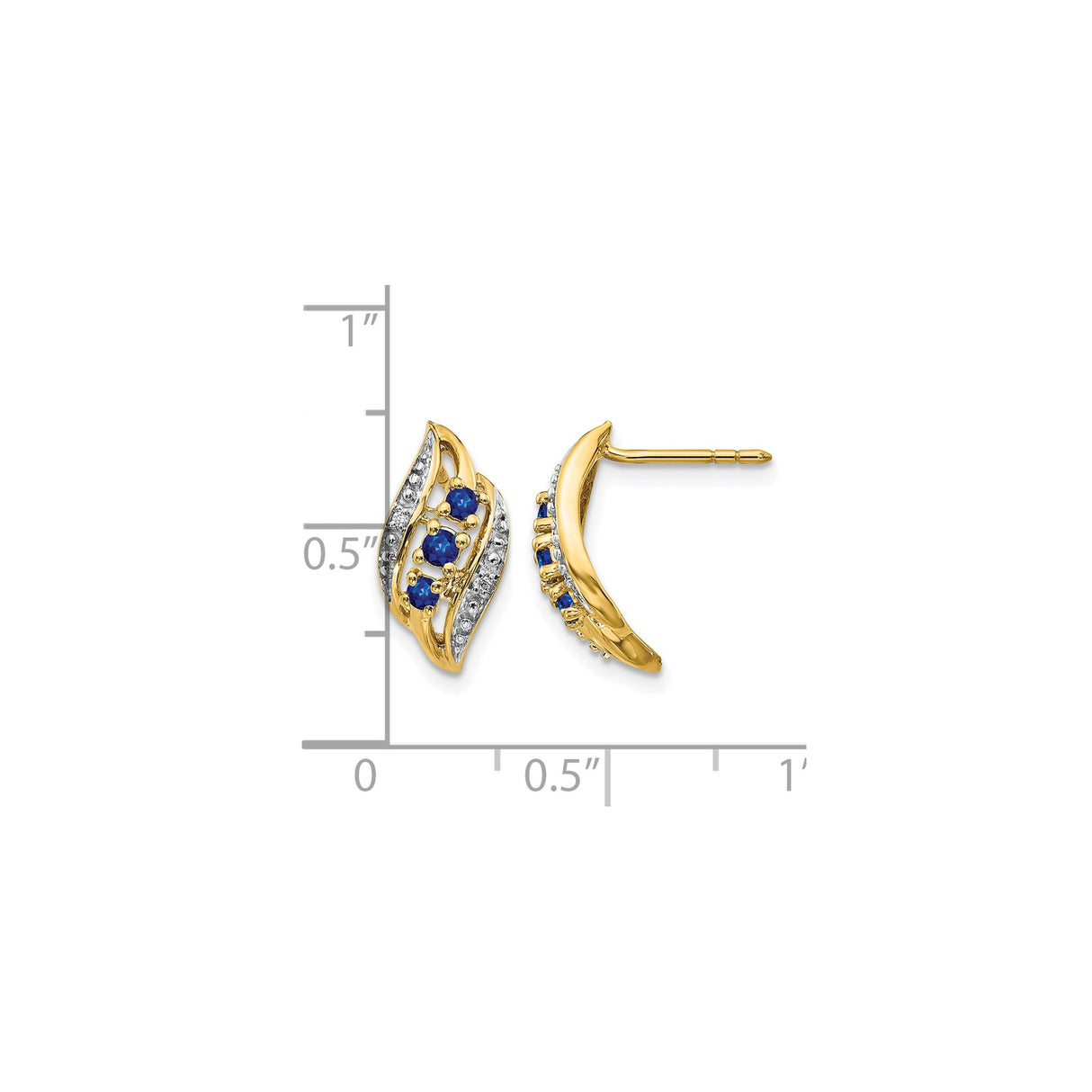 14k Yellow Gold Earrings with Blue Sapphires, Curved Wave Design Studs for Women