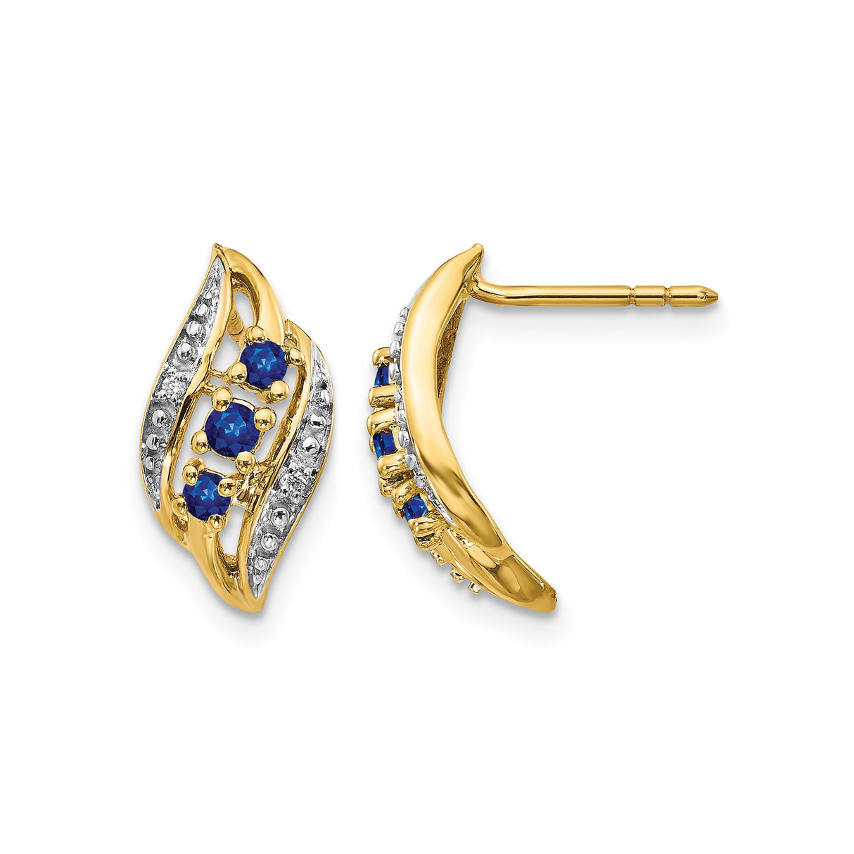 14k Yellow Gold Earrings with Blue Sapphires, Curved Wave Design Studs for Women