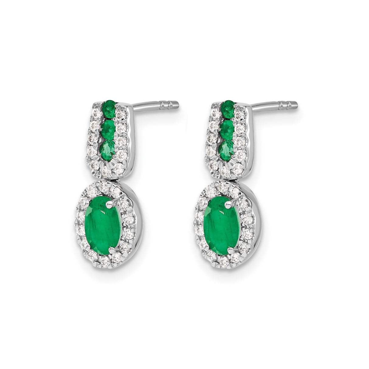 14k White Gold Drop Earrings with Oval and Round Emeralds in Halo Setting and Diamonds