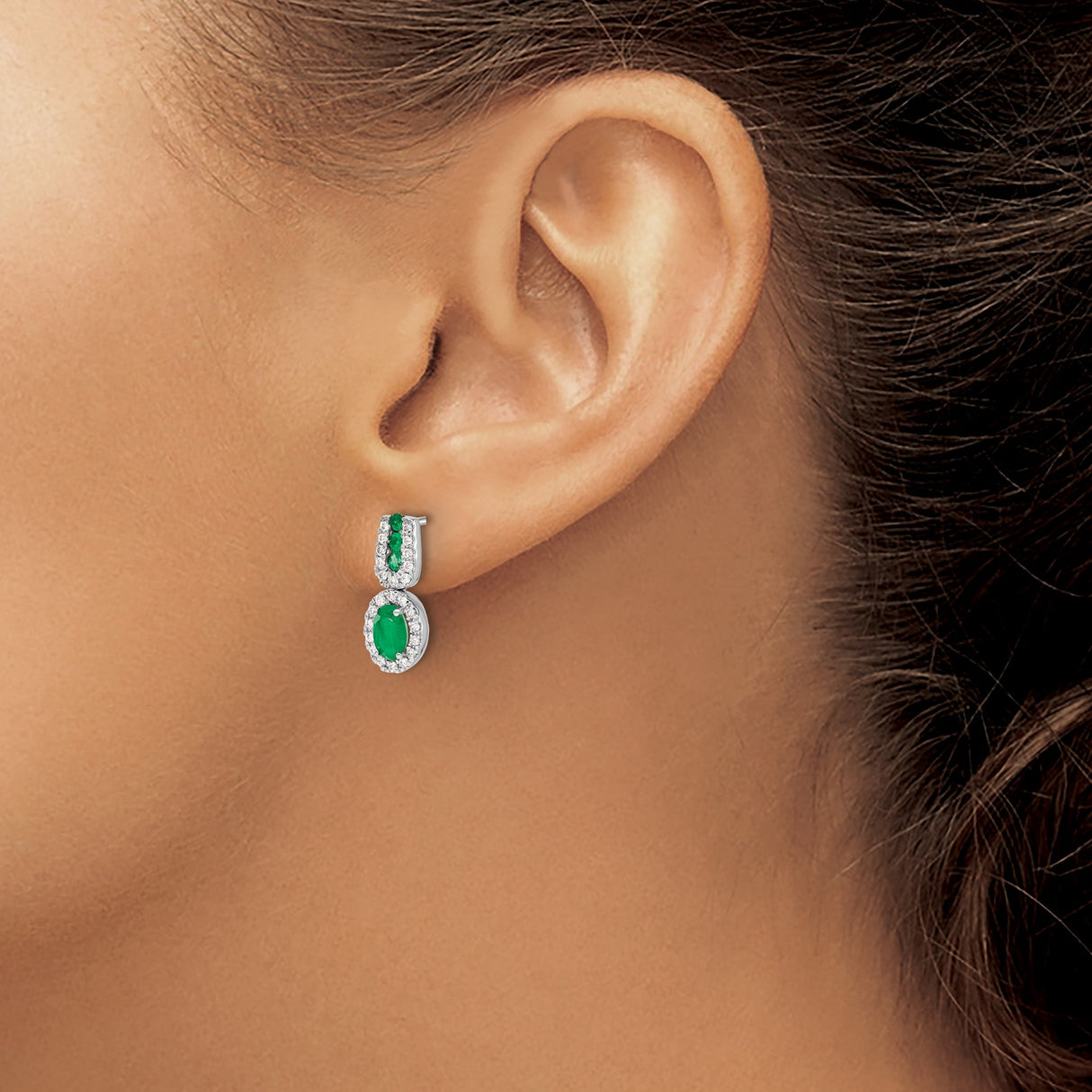 14k White Gold Drop Earrings with Oval and Round Emeralds in Halo Setting and Diamonds