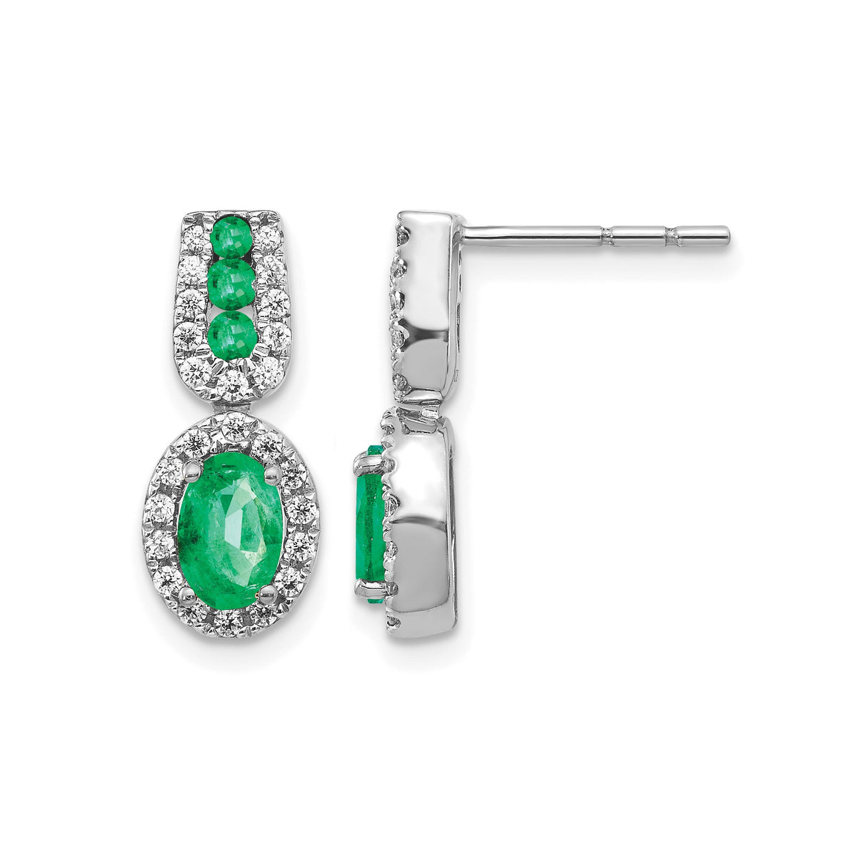 14k White Gold Drop Earrings with Oval and Round Emeralds in Halo Setting and Diamonds