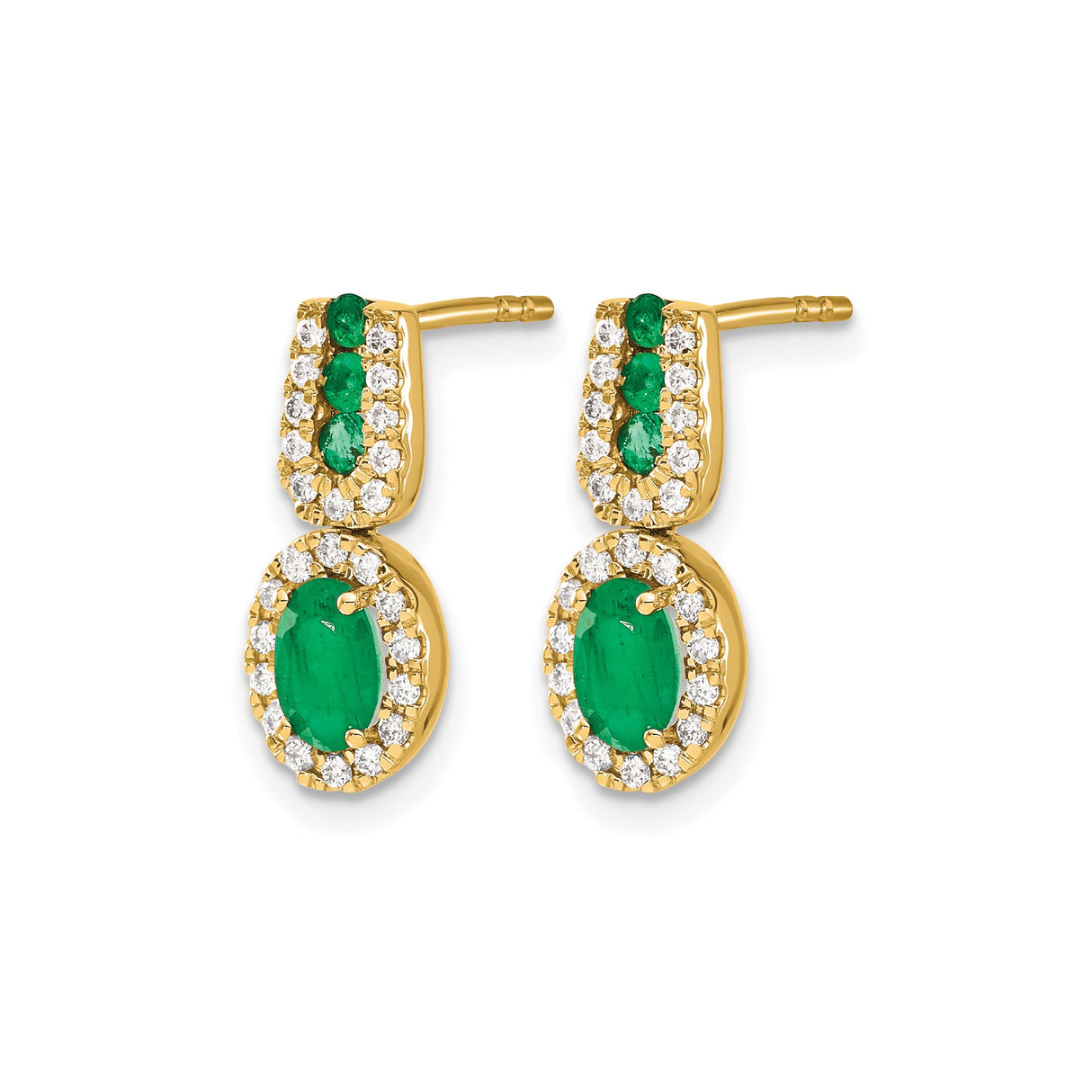 14k Yellow Gold Drop Earrings with Oval and Round Emeralds and Diamond Halo Accents