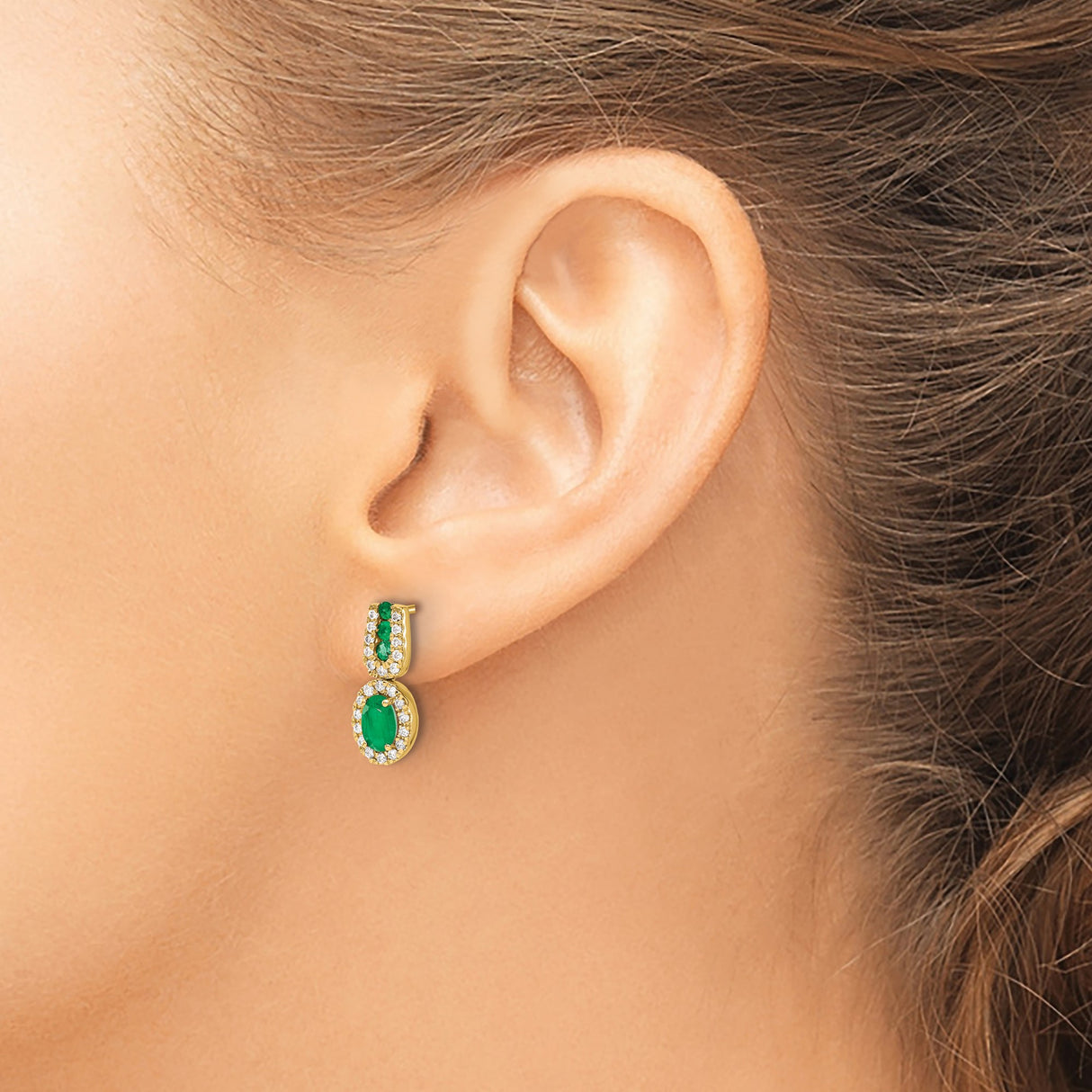 14k Yellow Gold Drop Earrings with Oval and Round Emeralds and Diamond Halo Accents