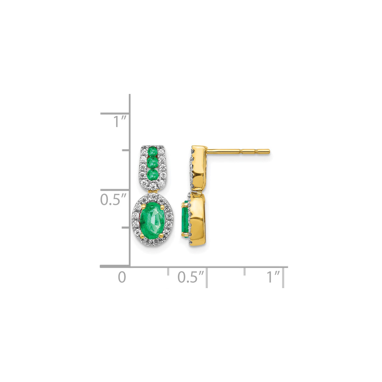 14k Yellow Gold Drop Earrings with Oval and Round Emeralds and Diamond Halo Accents