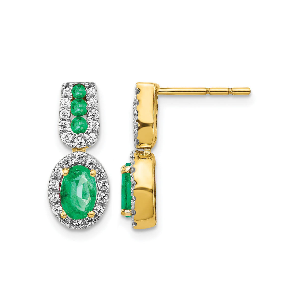 14k Yellow Gold Drop Earrings with Oval and Round Emeralds and Diamond Halo Accents