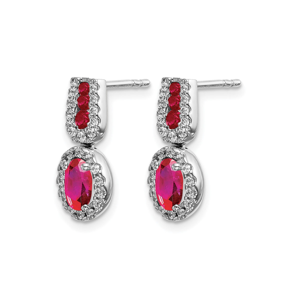 14k White Gold Drop Earrings with Ruby Gemstones, Halo Setting Dangle Style
