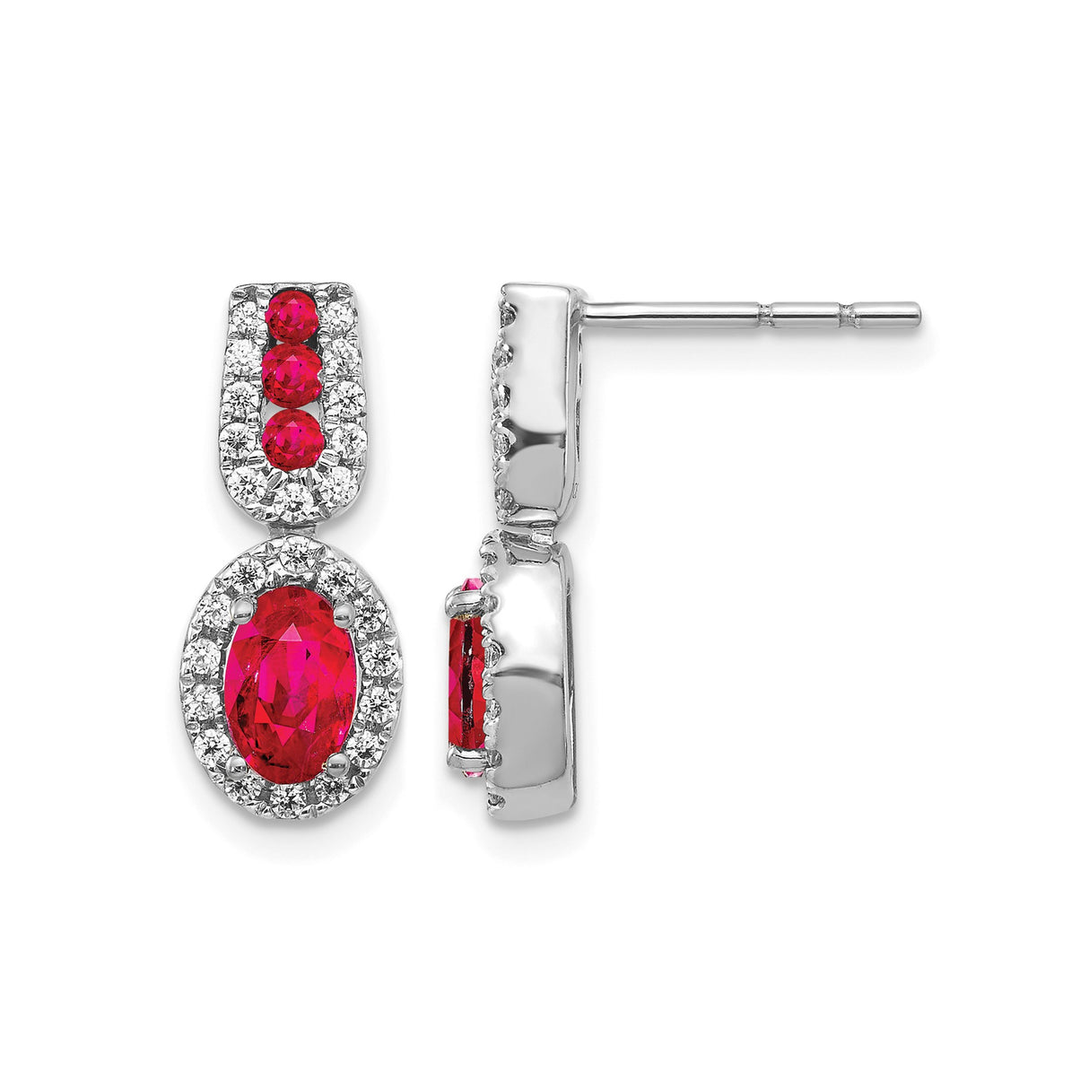 14k White Gold Drop Earrings with Ruby Gemstones, Halo Setting Dangle Style