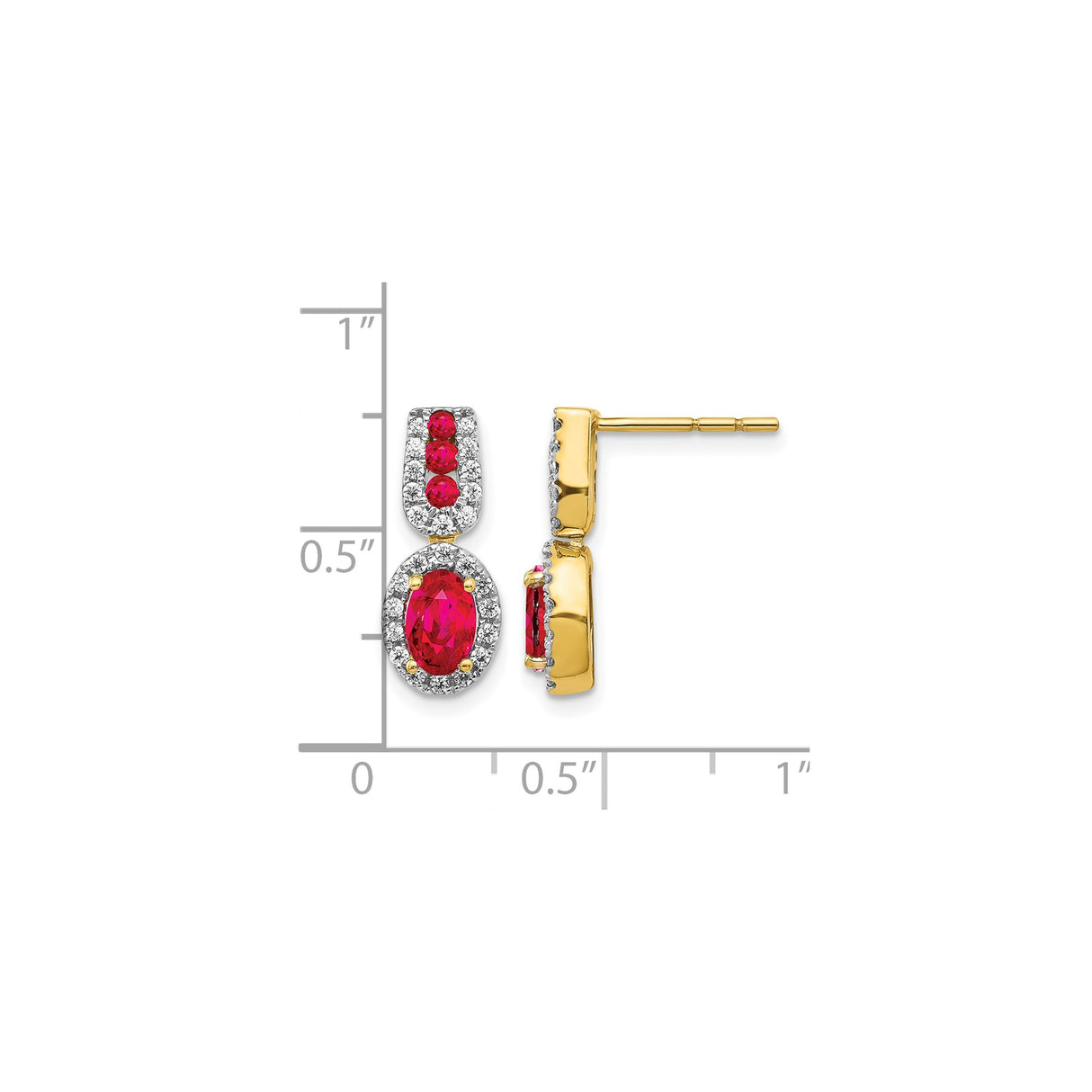 14k Yellow Gold Drop Earrings with Oval and Round Ruby Stones and Diamond Accents