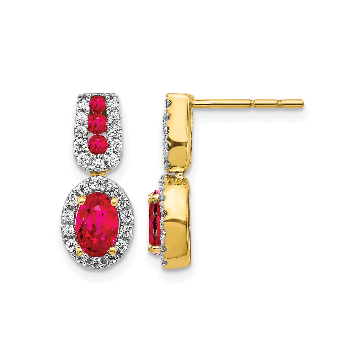 14k Yellow Gold Drop Earrings with Oval and Round Ruby Stones and Diamond Accents