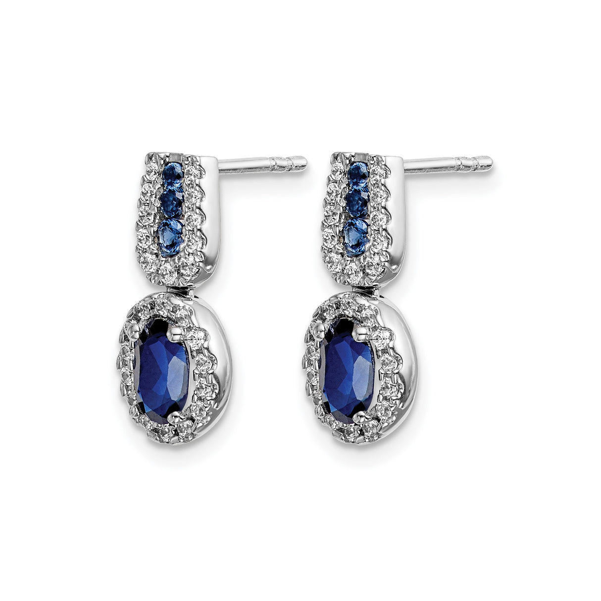 14k White Gold Dangle Earrings with Deep Blue Sapphires, Accent Stones, Elegant Drop Design