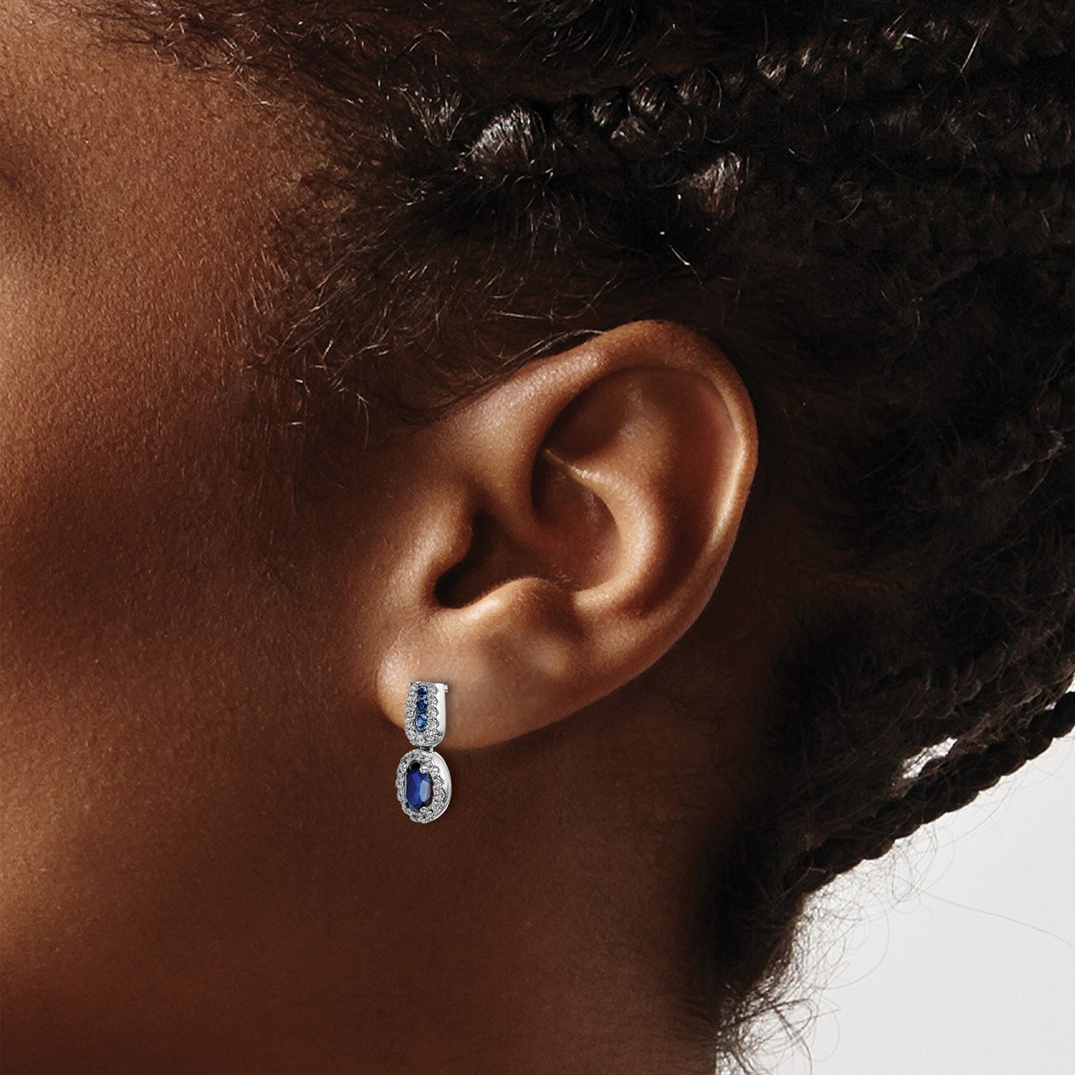 14k White Gold Dangle Earrings with Deep Blue Sapphires, Accent Stones, Elegant Drop Design