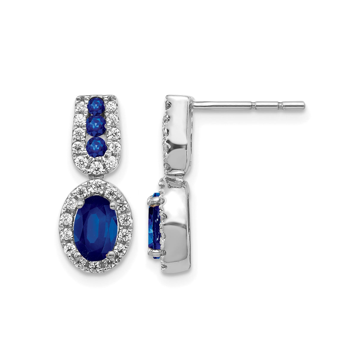 14k White Gold Dangle Earrings with Deep Blue Sapphires, Accent Stones, Elegant Drop Design