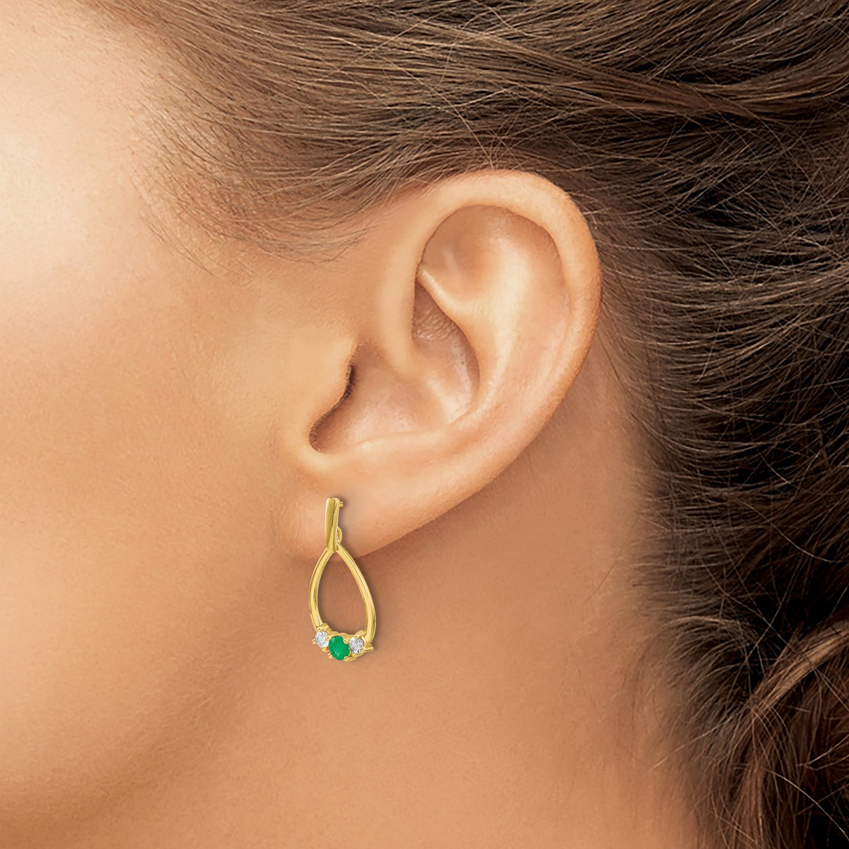 10k Yellow Gold Teardrop Dangle Earrings with Emerald and White Accent Stones