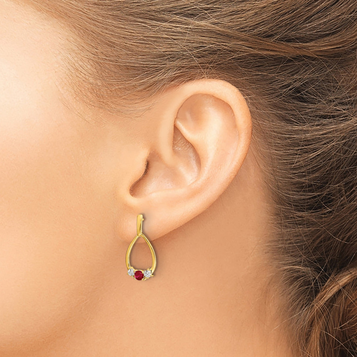 10k Yellow Gold Teardrop Dangle Earrings with Ruby and Lab Created Sapphire