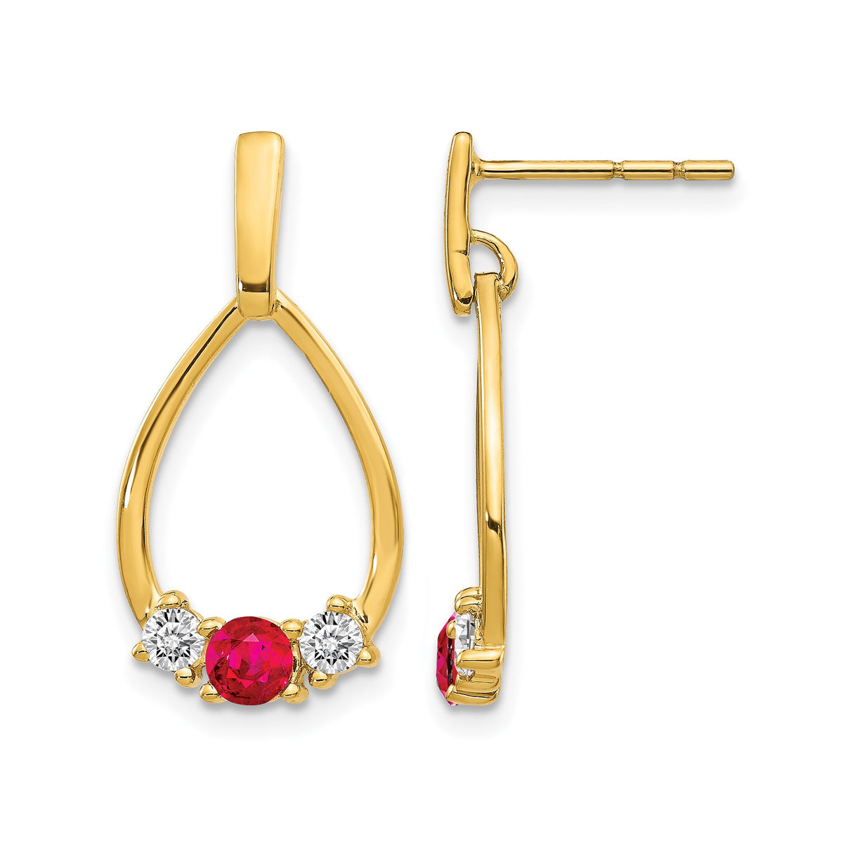 14k Yellow Gold Teardrop Dangle Earrings with Ruby and White Stone Accents for Women