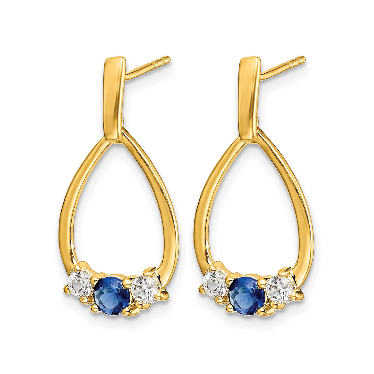14k Yellow Gold Teardrop Dangle Earrings with Blue Sapphire and Cubic Zirconia Accents