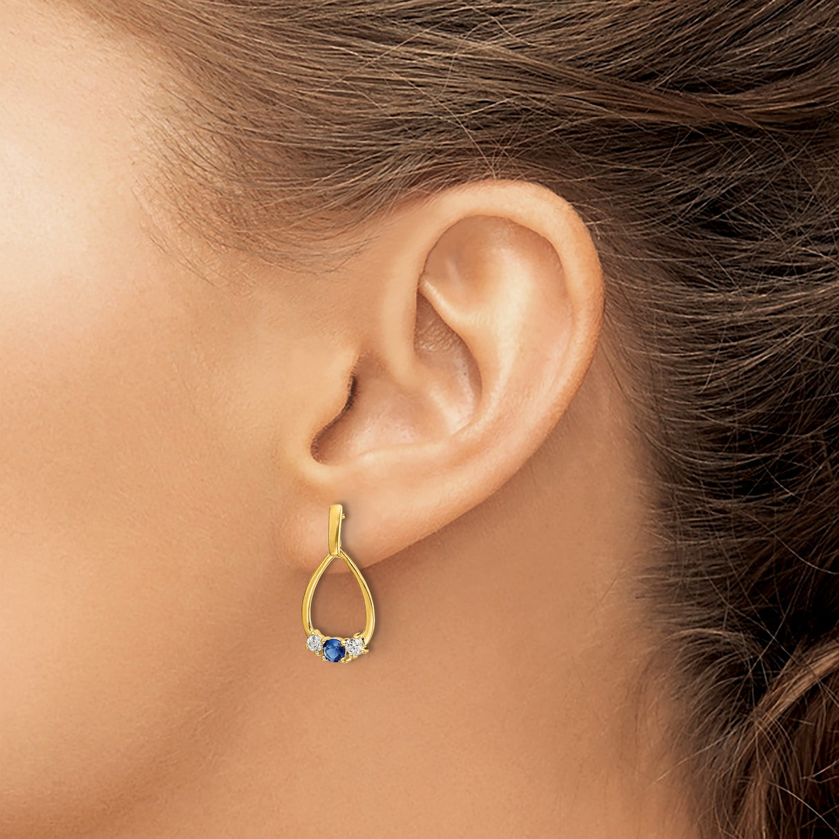 14k Yellow Gold Teardrop Dangle Earrings with Blue Sapphire and Cubic Zirconia Accents