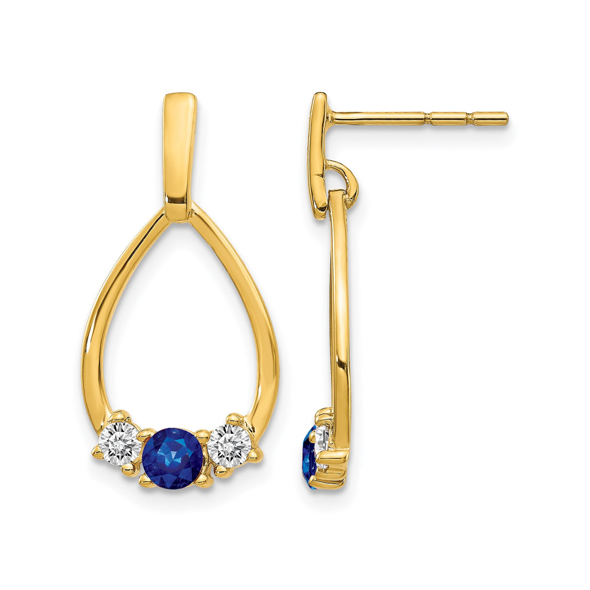14k Yellow Gold Teardrop Dangle Earrings with Blue Sapphire and Cubic Zirconia Accents