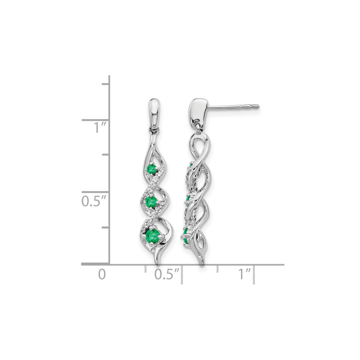 10k White Gold Dangle Earrings with Emerald Stones, Diamond Accents, Twisting Infinity Design