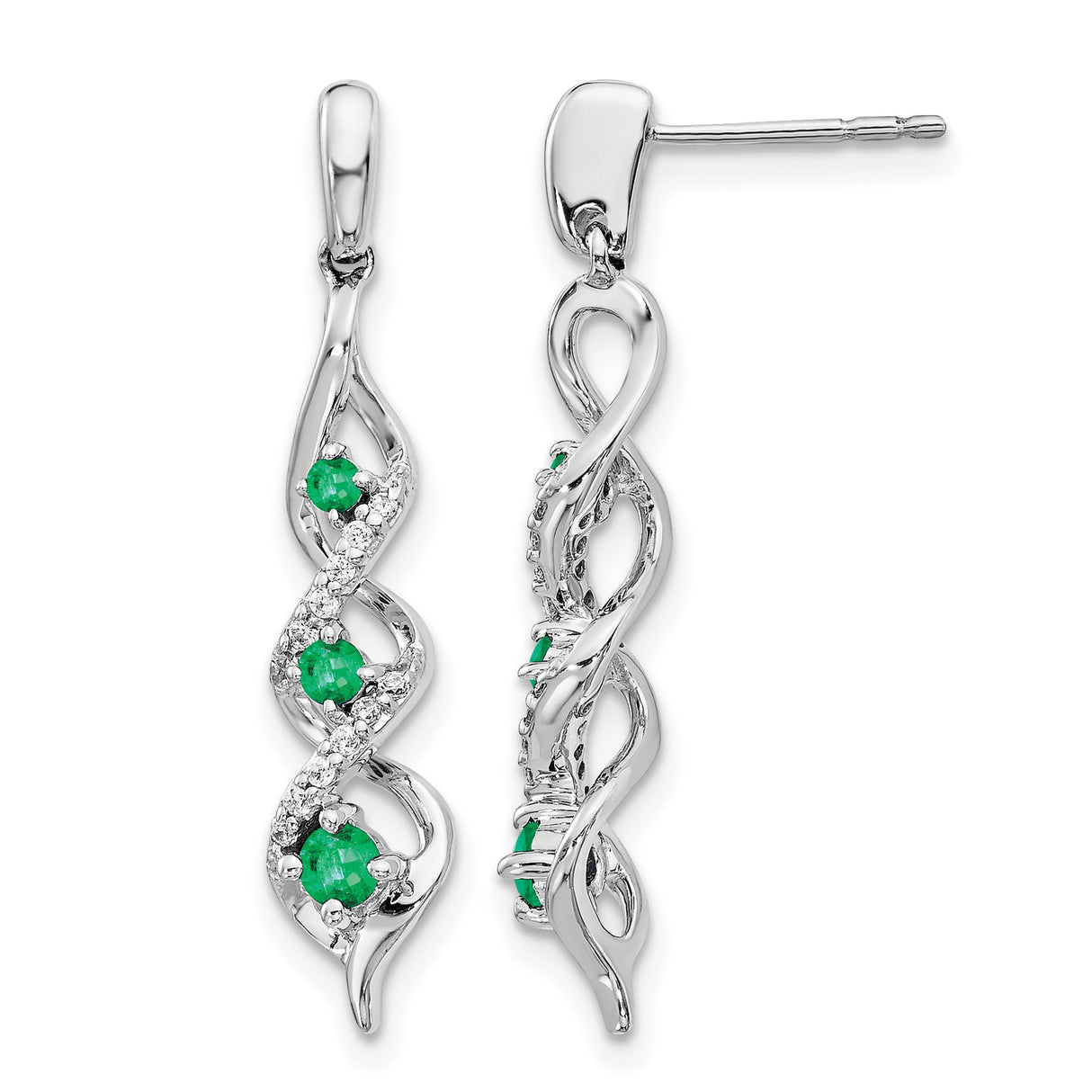 10k White Gold Dangle Earrings with Emerald Stones, Diamond Accents, Twisting Infinity Design