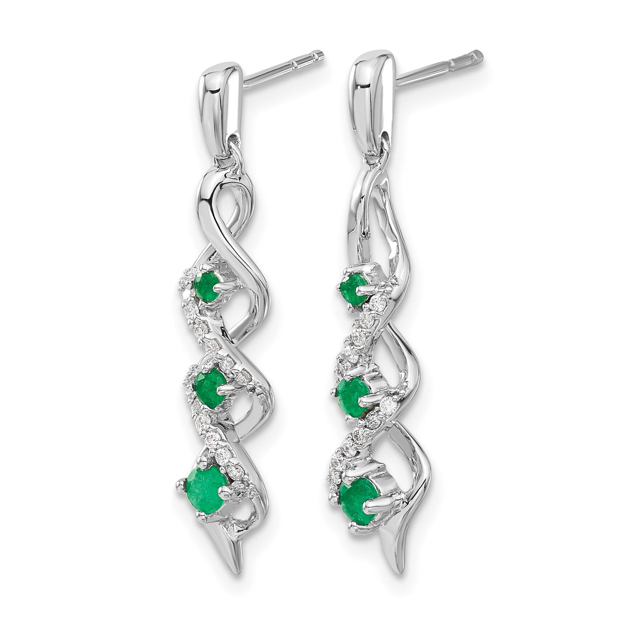 14k White Gold Dangle Earrings with Emeralds and Diamonds, Twisted Interwoven Design