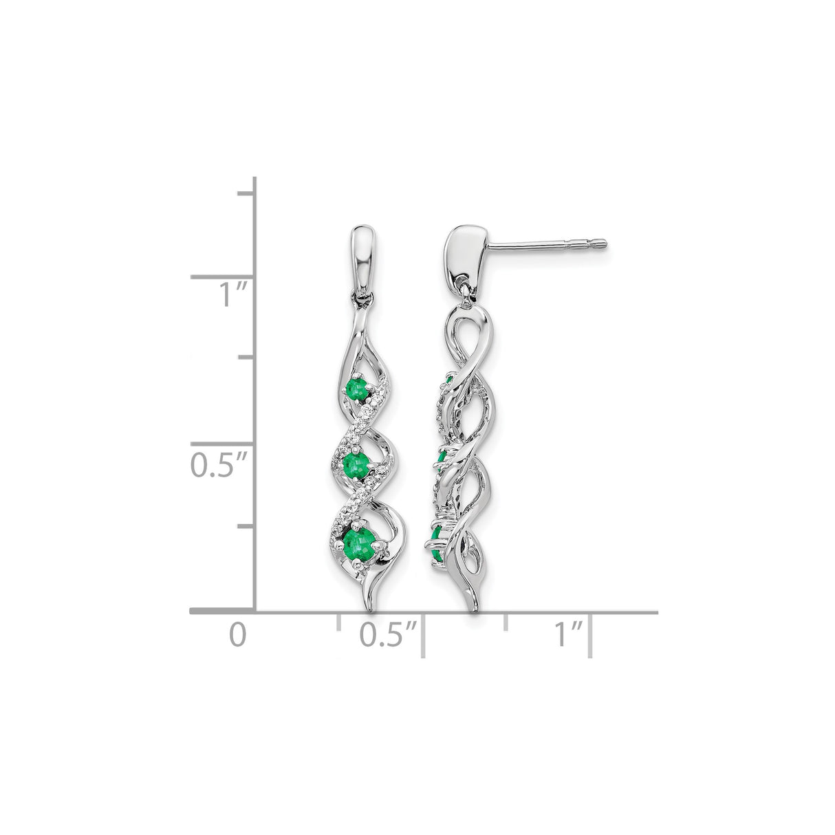 14k White Gold Dangle Earrings with Emeralds and Diamonds, Twisted Interwoven Design