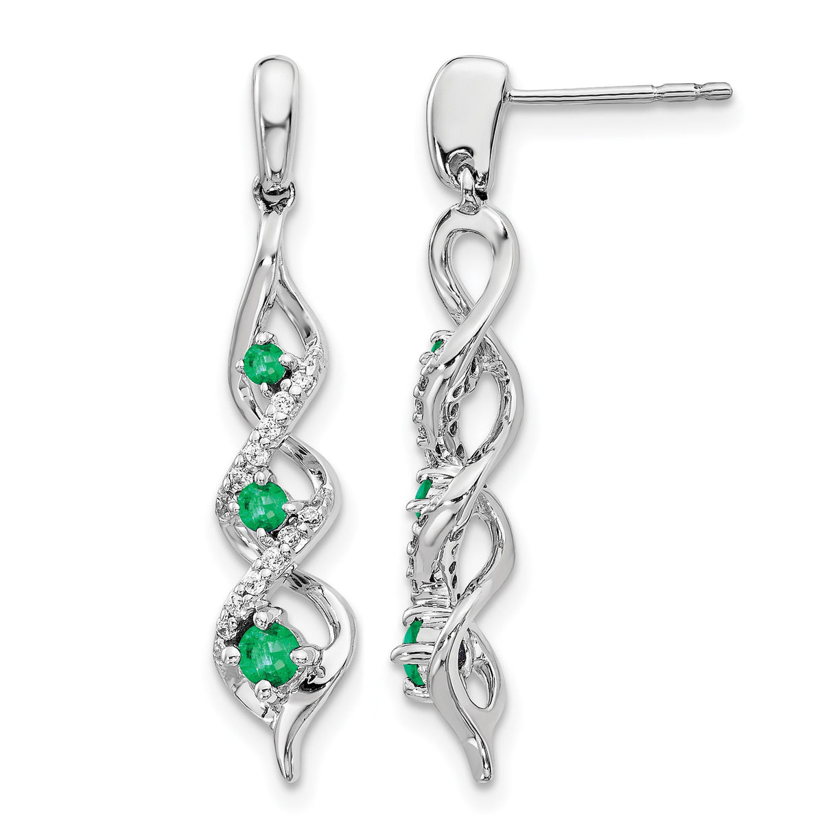 14k White Gold Dangle Earrings with Emeralds and Diamonds, Twisted Interwoven Design