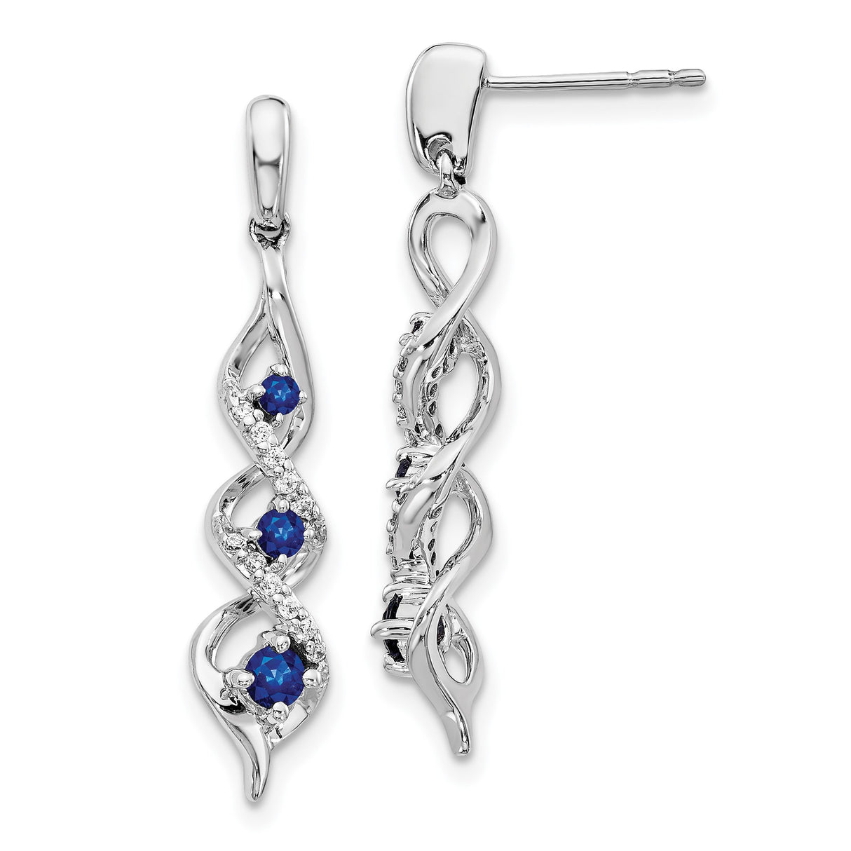 10k White Gold Dangle Earrings with Blue Sapphires and Infinity Twist Design