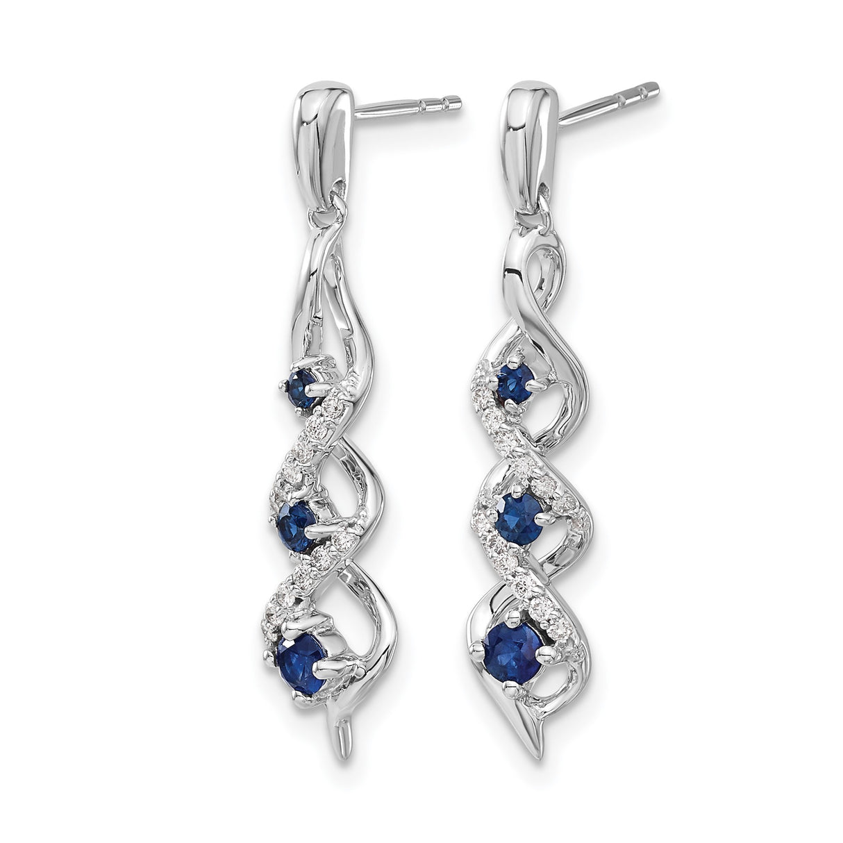 14k White Gold Drop Earrings with Blue Sapphires and Diamond Accents, Twisted Dangle Design