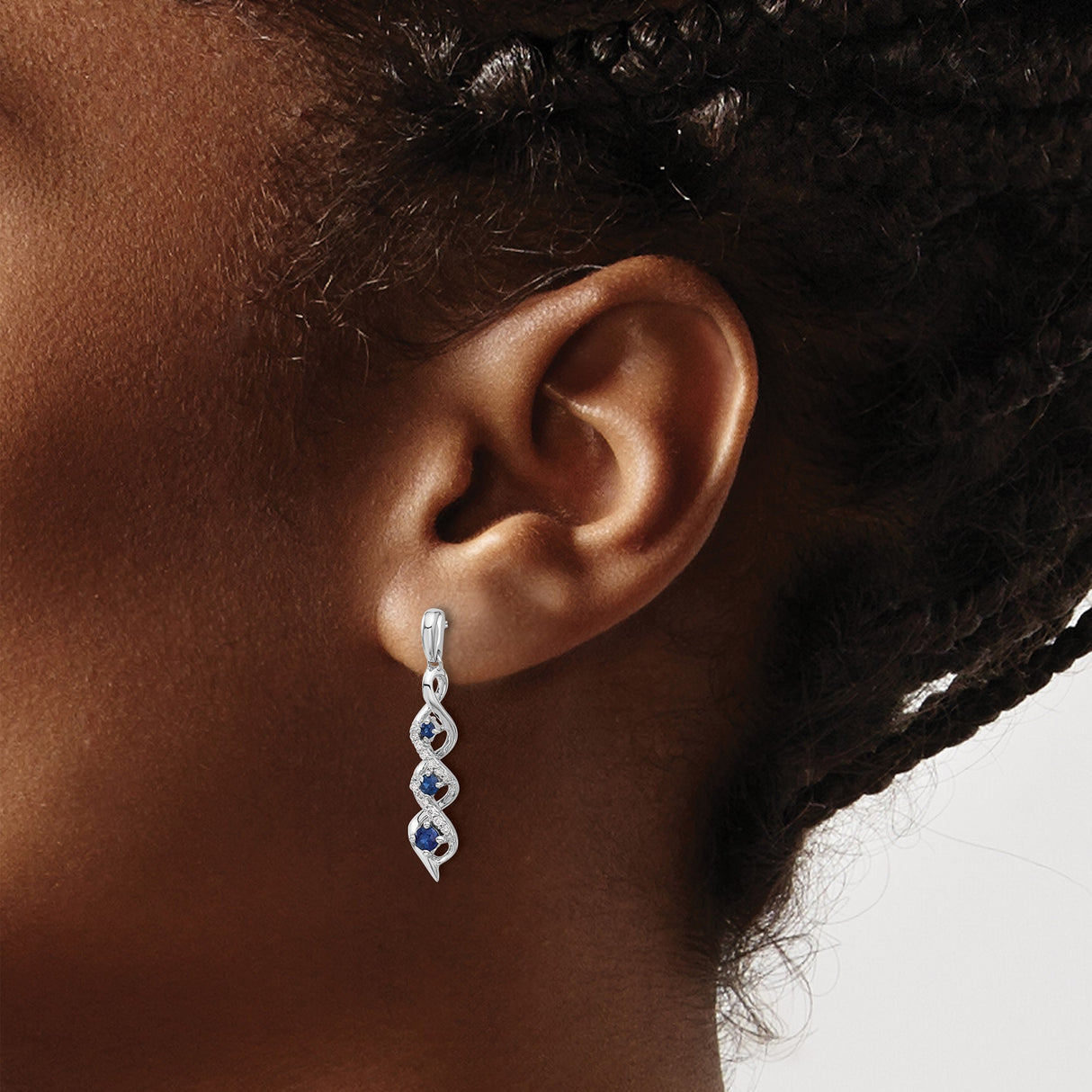 14k White Gold Drop Earrings with Blue Sapphires and Diamond Accents, Twisted Dangle Design