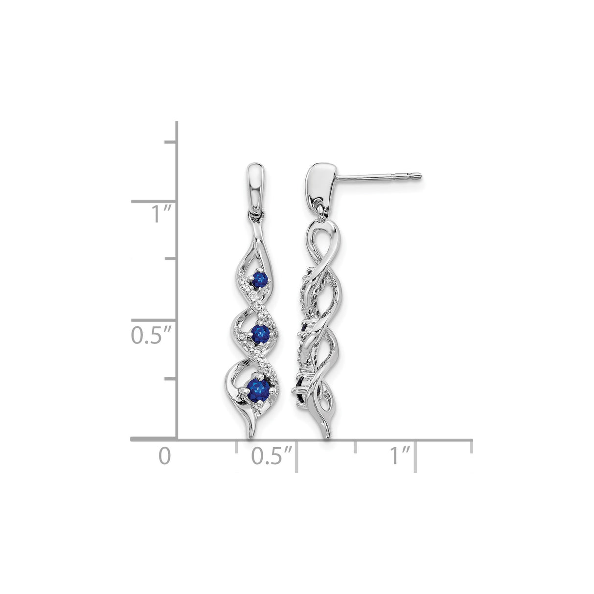 14k White Gold Drop Earrings with Blue Sapphires and Diamond Accents, Twisted Dangle Design