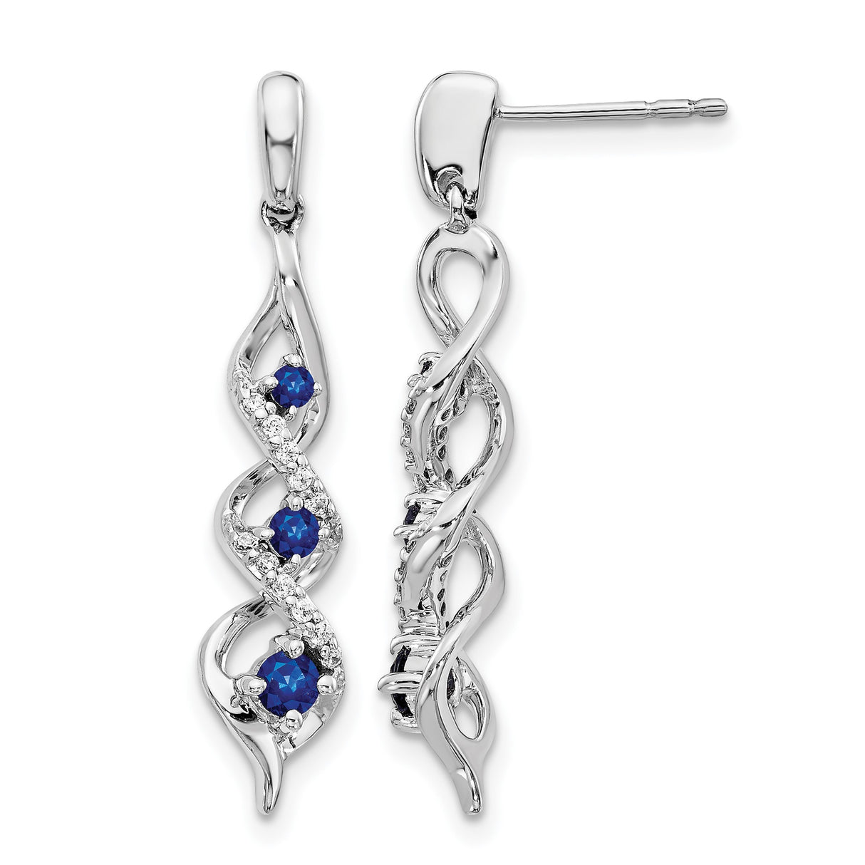 14k White Gold Drop Earrings with Blue Sapphires and Diamond Accents, Twisted Dangle Design