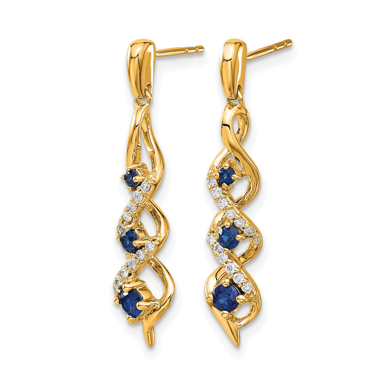 14k Yellow Gold Dangle Earrings with Blue Sapphire and Diamond Accents, Infinity Twist Design
