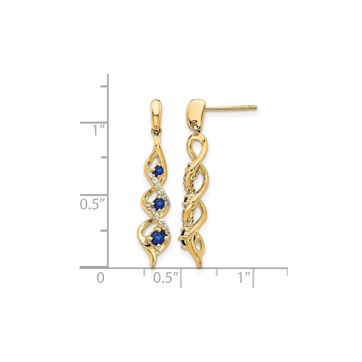 14k Yellow Gold Dangle Earrings with Blue Sapphire and Diamond Accents, Infinity Twist Design