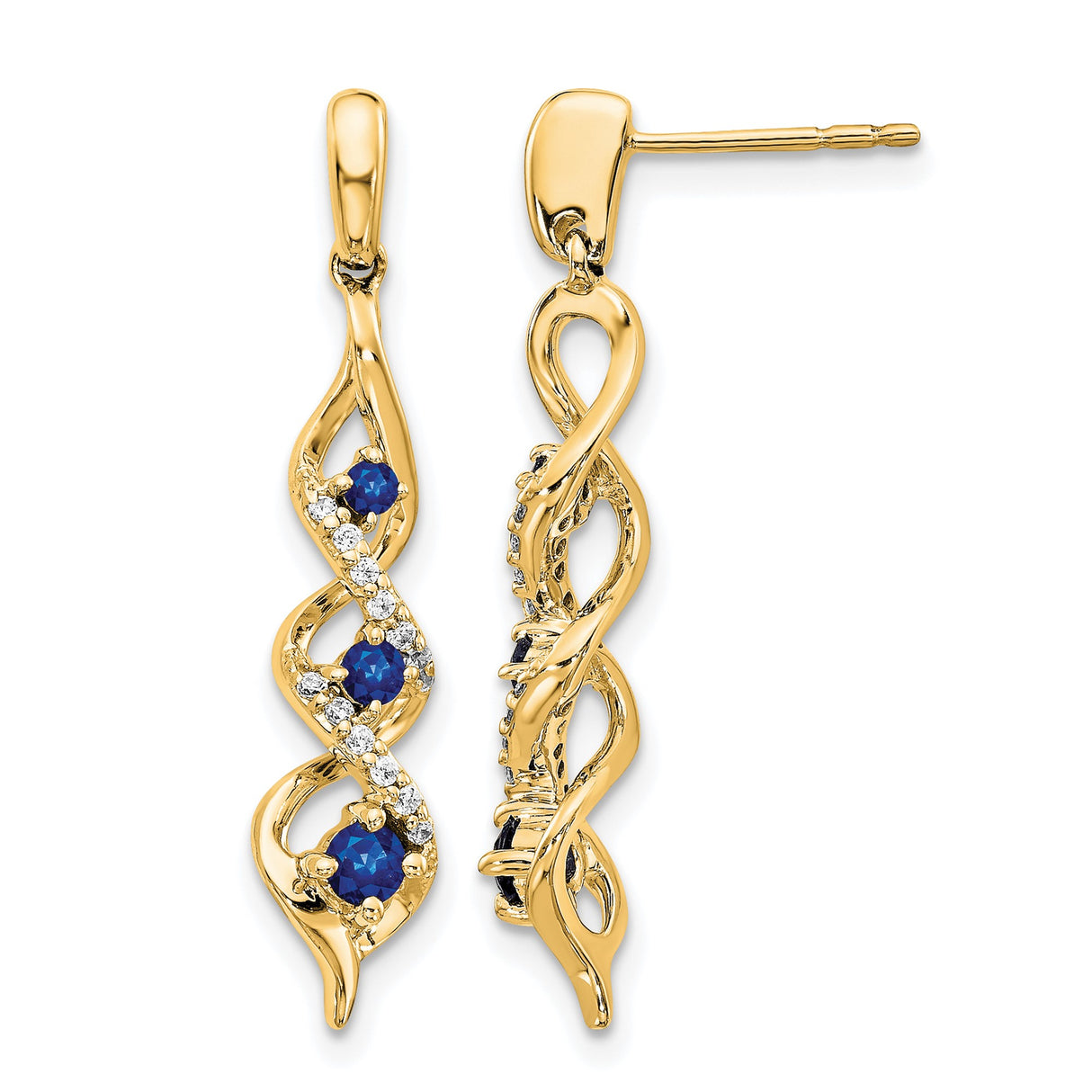 14k Yellow Gold Dangle Earrings with Blue Sapphire and Diamond Accents, Infinity Twist Design