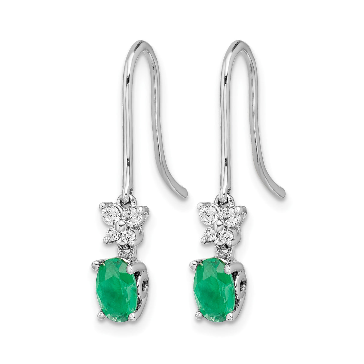 14k White Gold Dangle Earrings with Oval Cut Emeralds and Diamond Accents