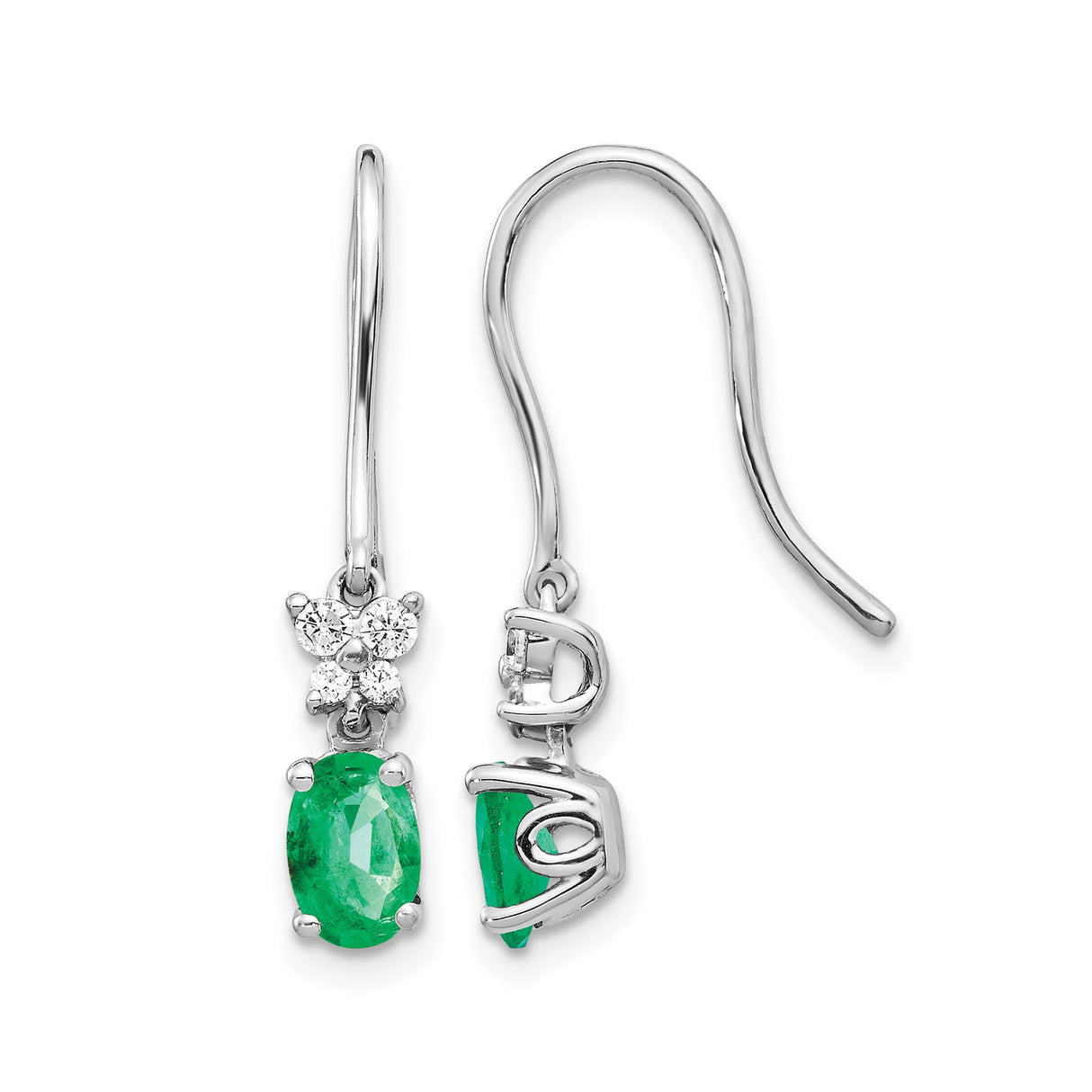 14k White Gold Dangle Earrings with Oval Cut Emeralds and Diamond Accents