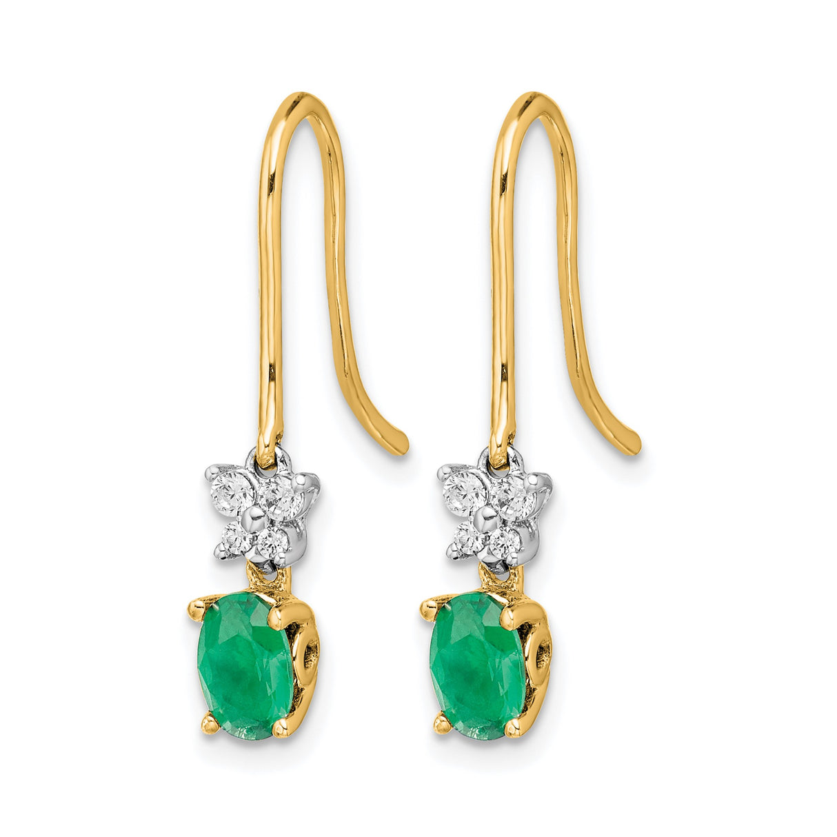 14k Two Tone Gold Dangle Earrings with Oval Emeralds and Diamond Accents in Floral Design