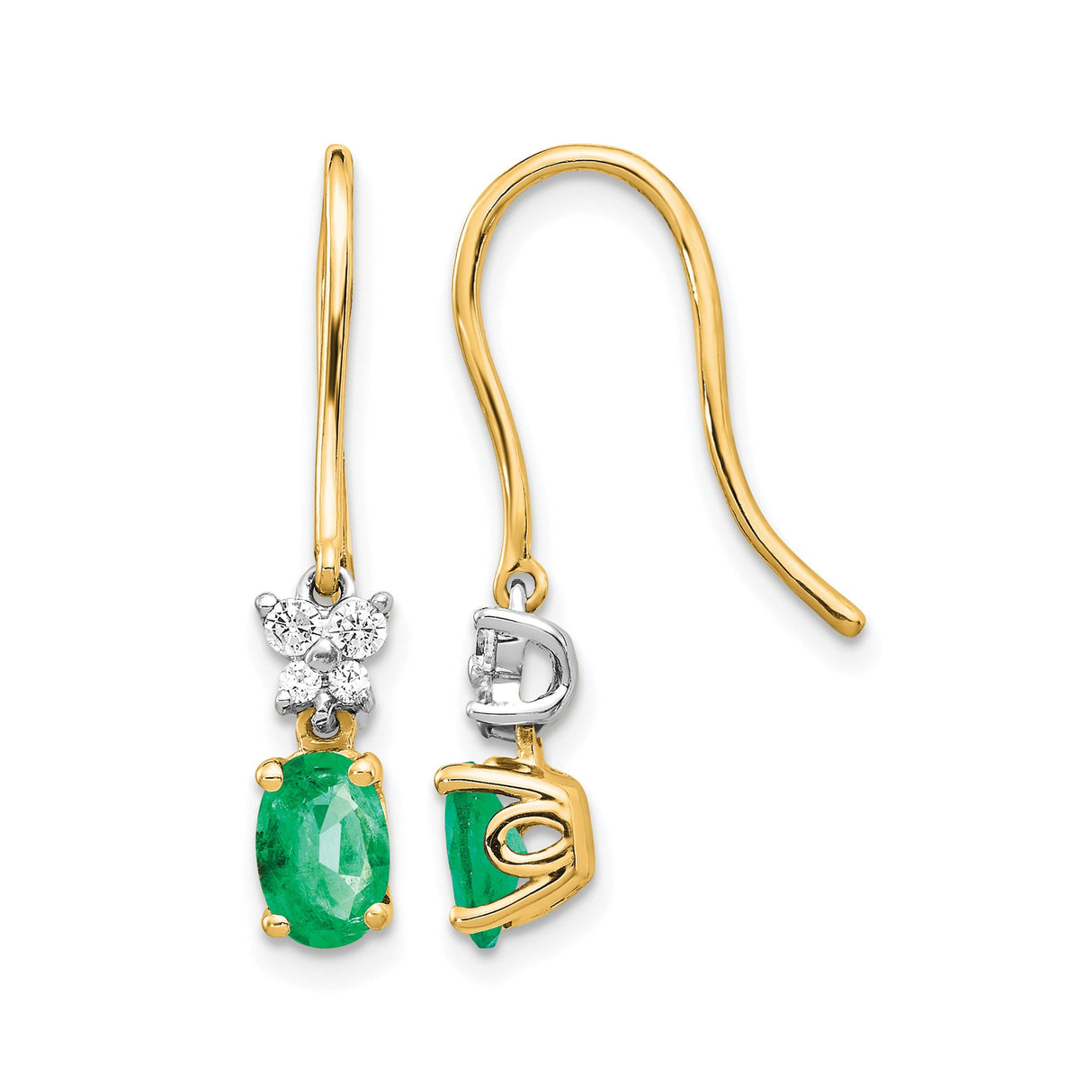 14k Two Tone Gold Dangle Earrings with Oval Emeralds and Diamond Accents in Floral Design