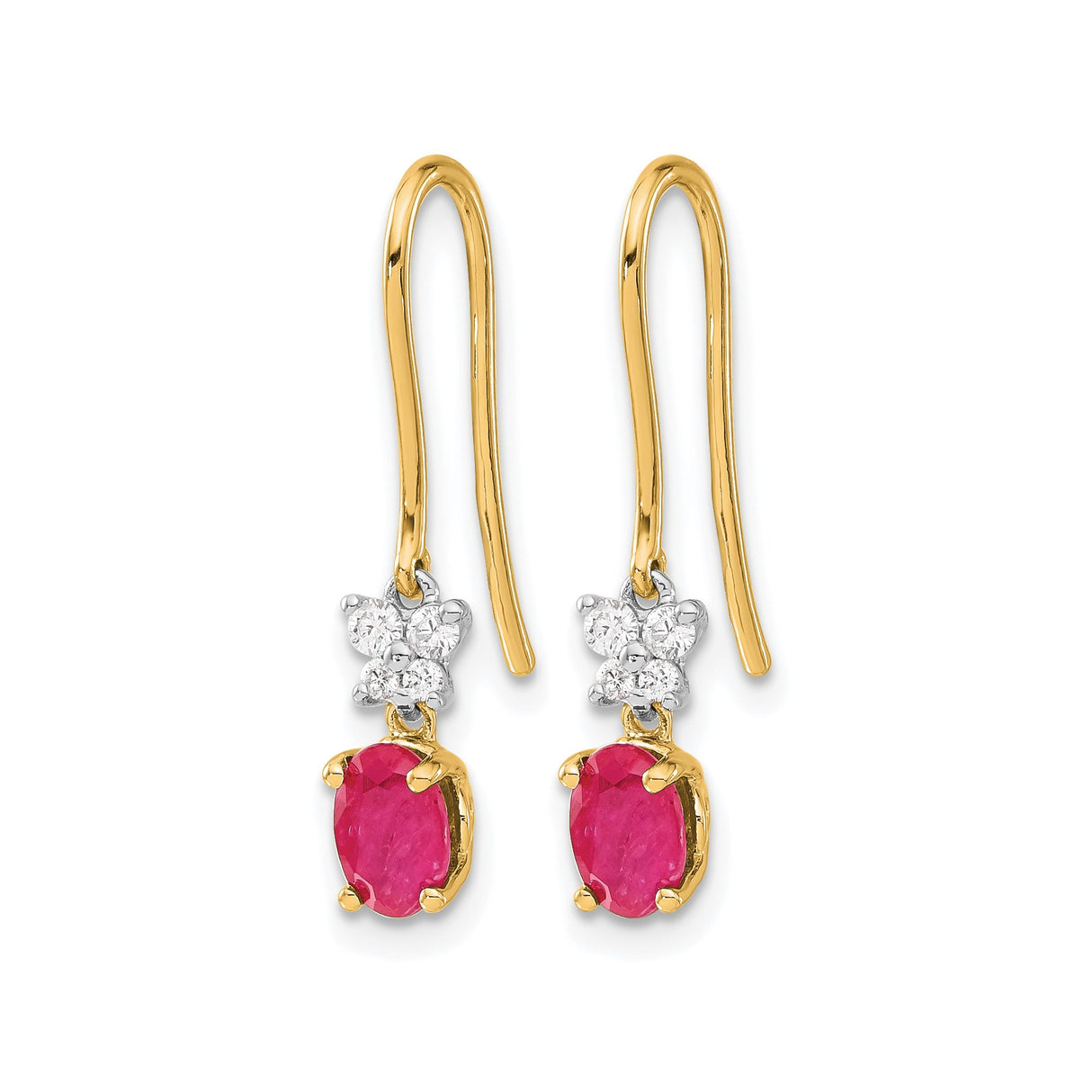 14k Two-Tone Gold Dangle Earrings with Oval Ruby and Diamond Cluster Design for Women