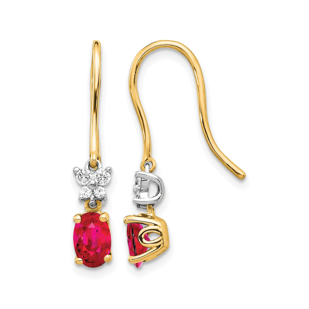 14k Two-Tone Gold Dangle Earrings with Oval Ruby and Diamond Cluster Design for Women