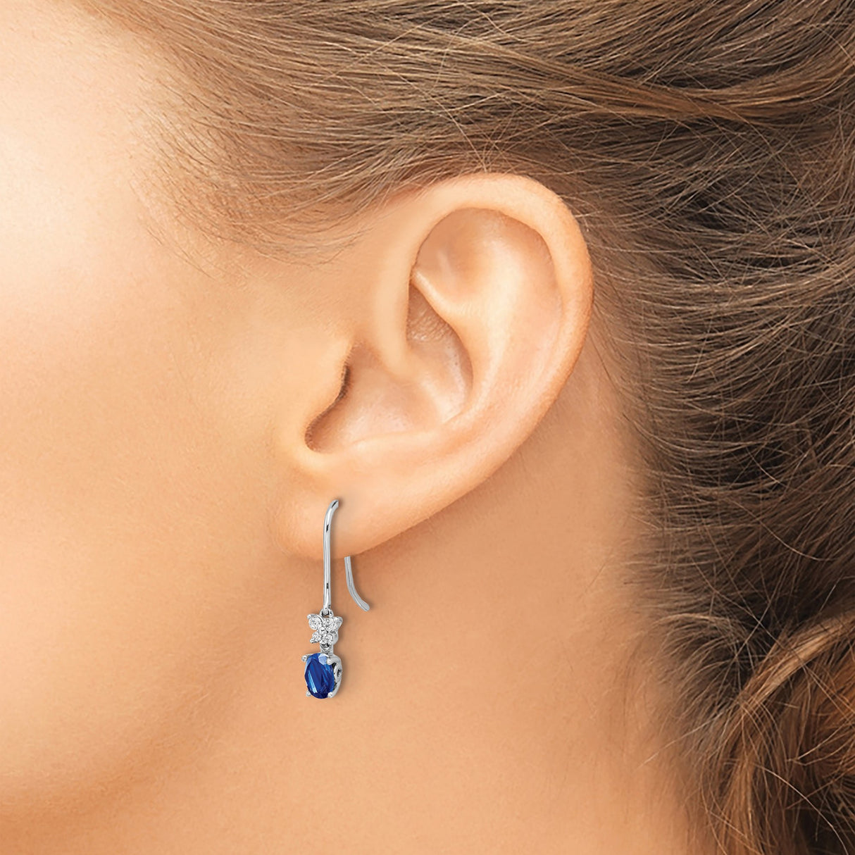 14k White Gold Drop Earrings with Sapphire and Diamond Accents, Dangle Hook Style