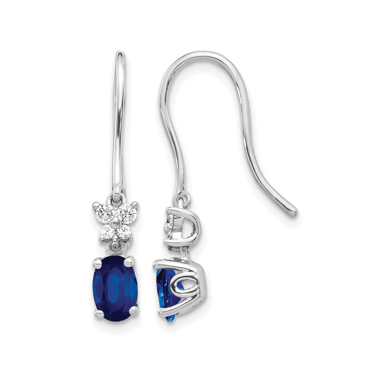 14k White Gold Drop Earrings with Sapphire and Diamond Accents, Dangle Hook Style
