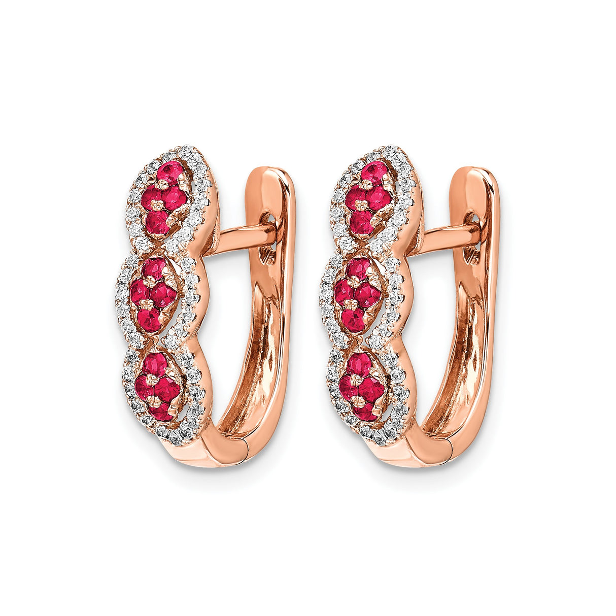 14k Rose Gold Hoop Earrings with Ruby and Diamond Alternating Rows, Scalloped Design